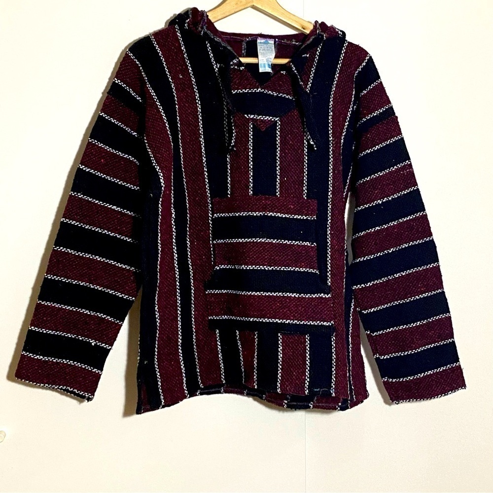 LA MALINCHE Vintage maroon and Black striped  baja pullover hippie hoodie size M